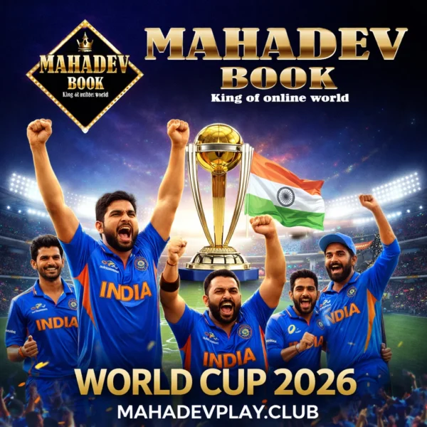MahadevBook World Cup 2026 image showing India cricket team with trophy and MahadevPlay.club logo