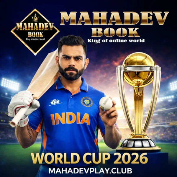 MahadevBook World Cup ID 2026 key features image showing India cricket theme with bat, ball and World Cup trophy