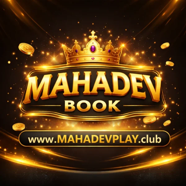 Mahadev Book golden logo 2026 with crown and MahadevPlay.club URL on black and gold background